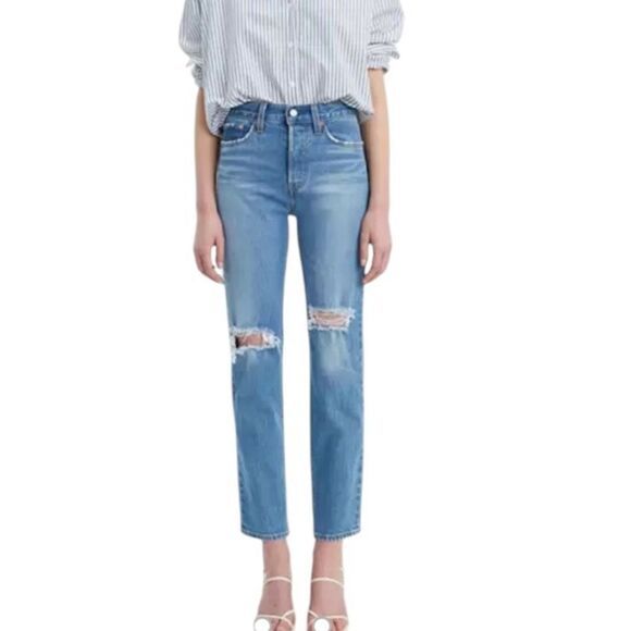 LEVIS Free People WEDGIE FIT ANKLE WOMEN'S JEANS Hague Blue Distressed 32 NWT - Picture 1 of 7